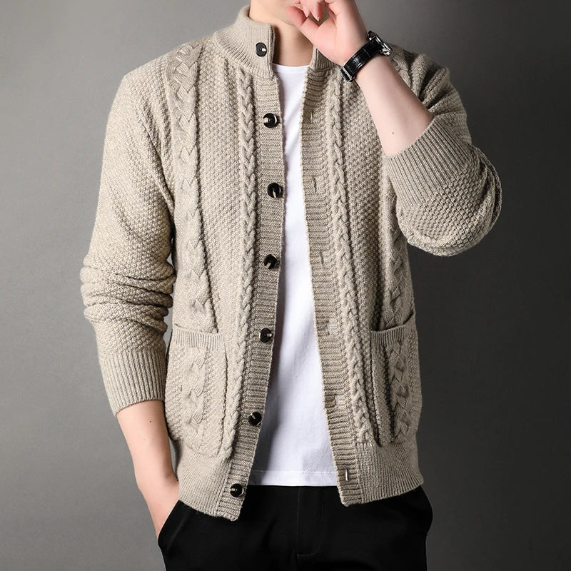 Thick knitted cardigan sweater jacket for men