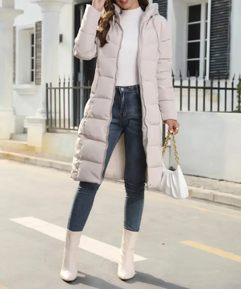 Women's Puffer Coat - Knee Length Quilted - Hooded Warm Insulated Jacket