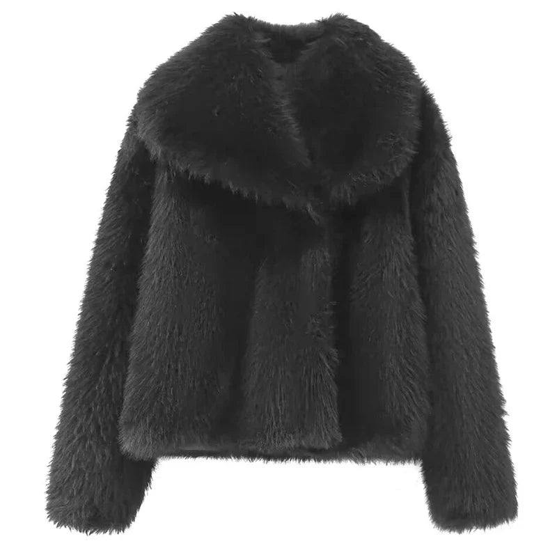 Women’s Plush Faux Fur Crop Jacket - Long Sleeve Stylish Coat