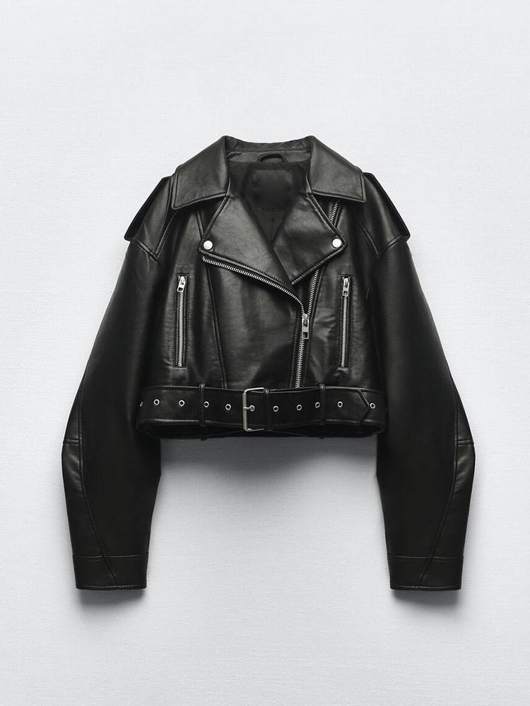 Women's jacket | biker style in vegan leather with belt and zip