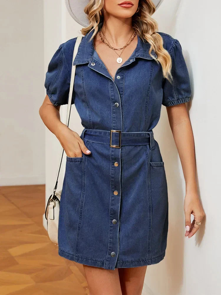 Short denim dress with belt