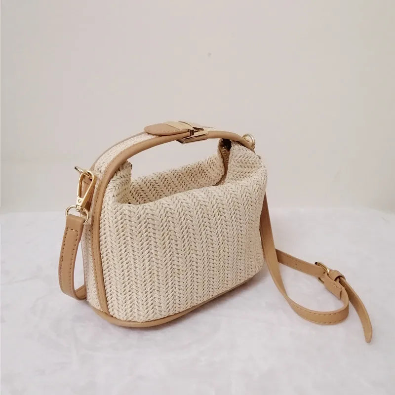 Ladies boho style knitted straw crossbody bag bucket design with zip fastening