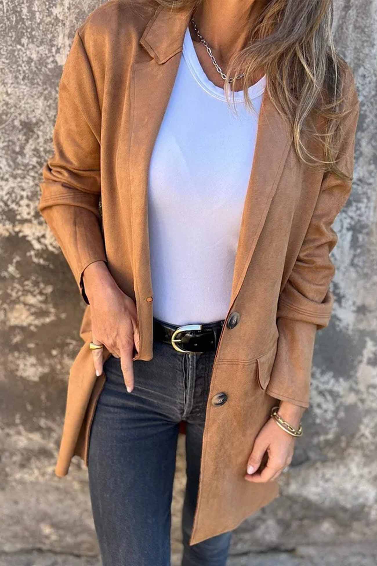 Women’s Suede Blazer - Tailored Fit - Notched Lapel - Single-Breasted Two-Button Jacket