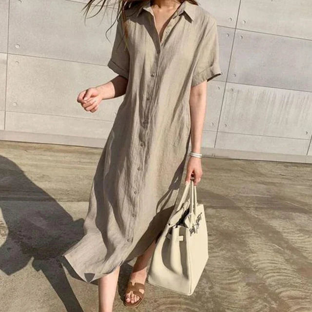 Women's casual cotton and linen polo neck single-breasted long dress