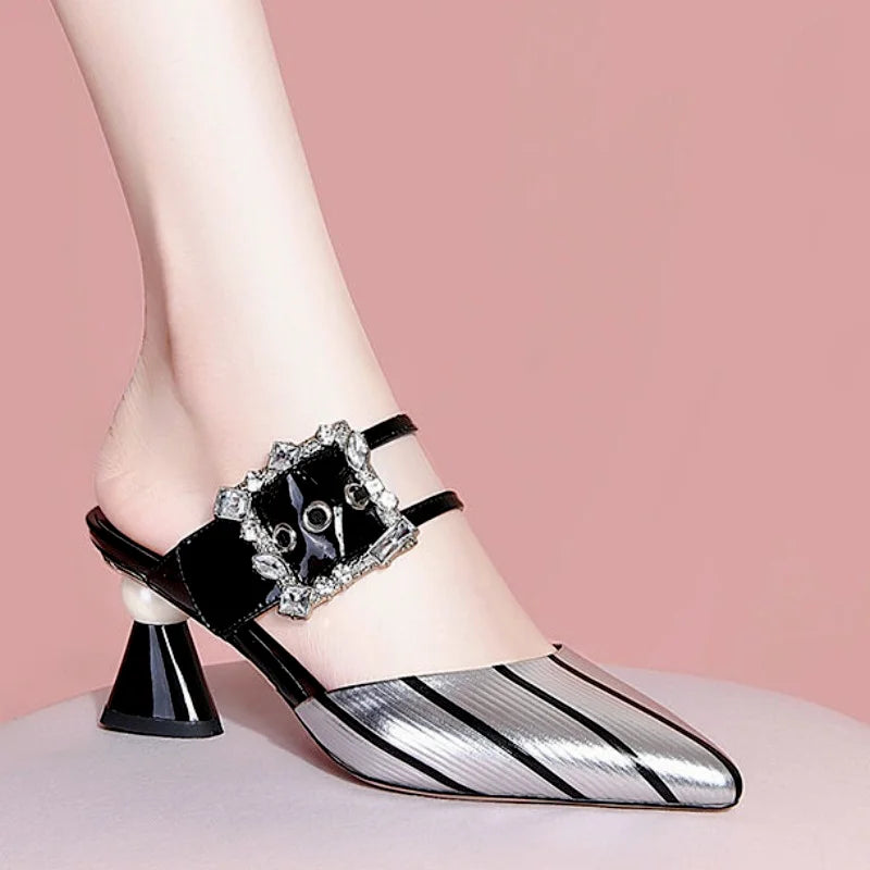 Janella - Striped mules with embellished buckle detail