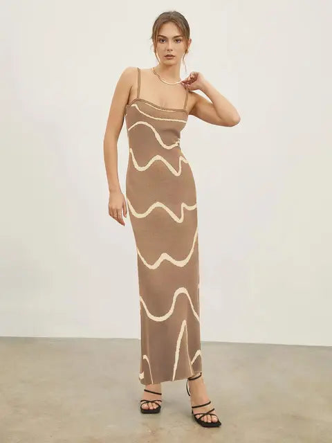 Women's tight-fitting striped knit camisole dress with ankle length and spaghetti straps