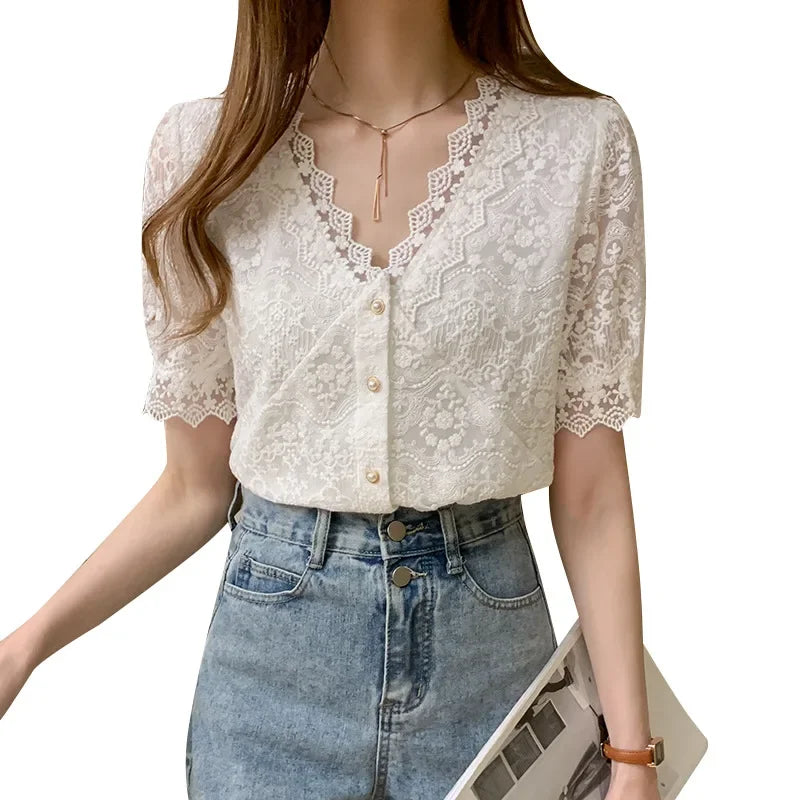 Sheila - hollowed-out lace blouses with buttons