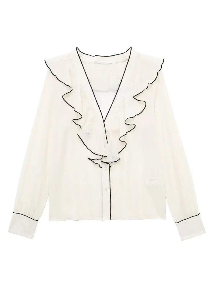 Women's blouse in transparent chiffon: ruffled crossover V-neck with long sleeves and lightweight fabric