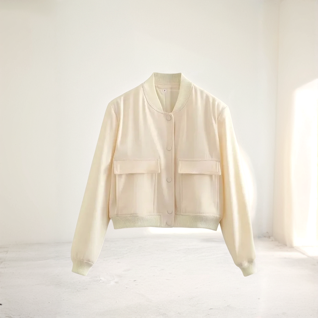 Women's Bomber Jacket - Cropped Fit - Button Front - Ribbed Cuffs & Hem - Casual Style