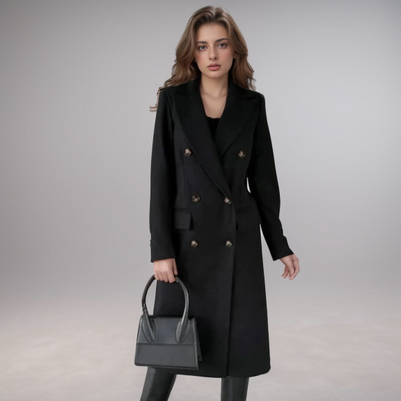 Women's Long Wool-Blend Coat - Double-Breasted - Tailored Fit - Notched Lapels