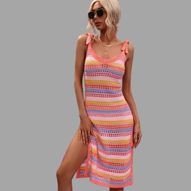 Adriana - Crochet knit midi dress with ruffle details at the shoulders