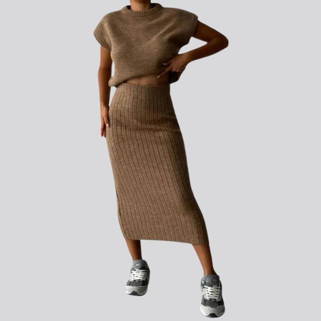 Shienna - Sleeveless Knitted Top and Matching Ribbed Midi Skirt Set