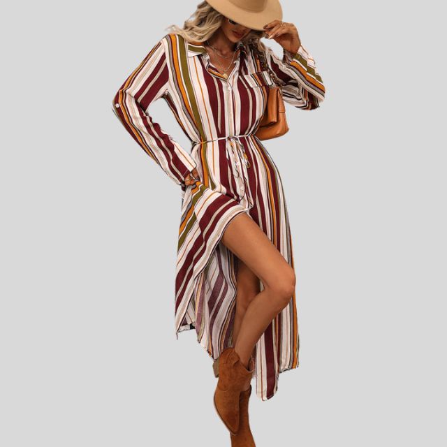 Savannah - Striped shirt dress with belt and high slit