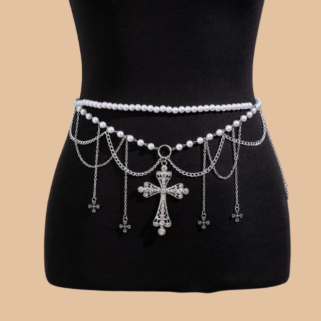 Liana - Gothic imitation pearl waist chain with cross pendants