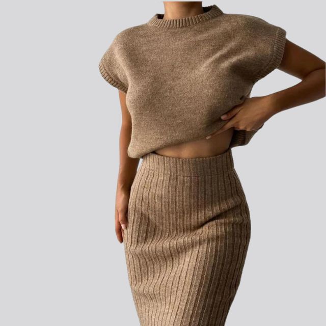 Shienna - Sleeveless Knitted Top and Matching Ribbed Midi Skirt Set