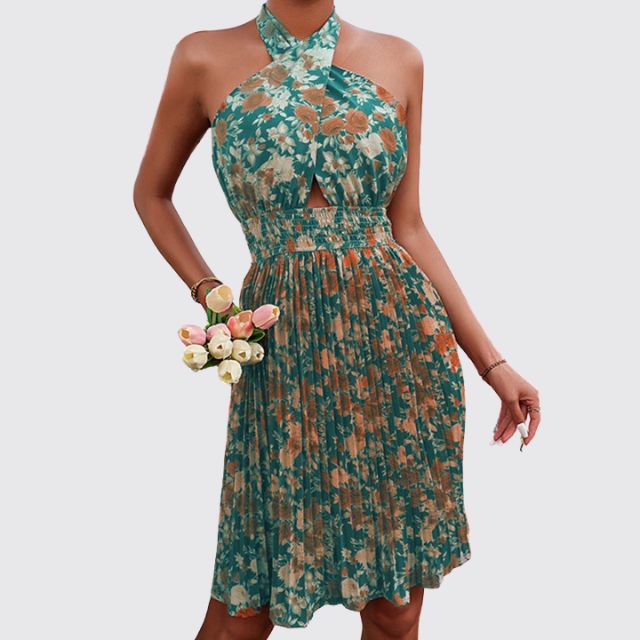 Sofia - Floral halterneck dress with keyhole neckline