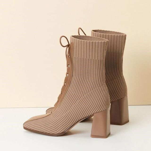 Rosie - Ribbed knit ankle boots with lace-up detail