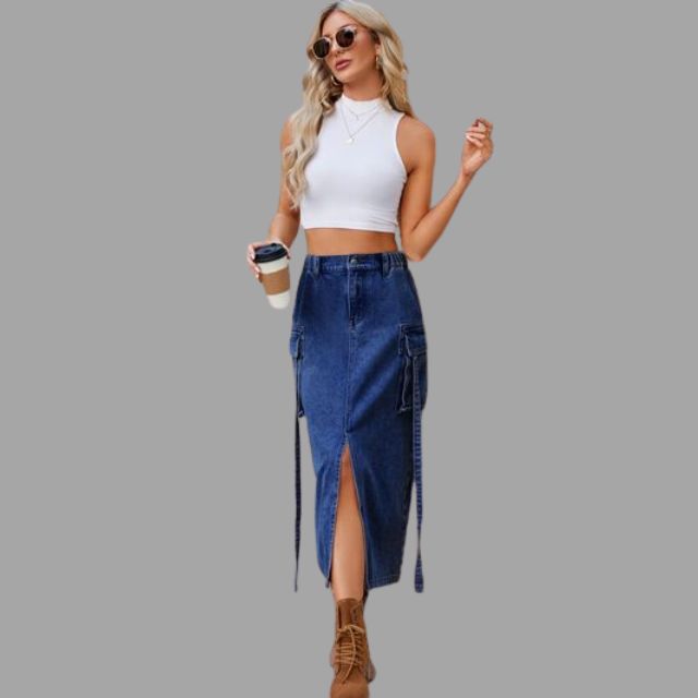 Colleen - High-waisted denim skirt with slit