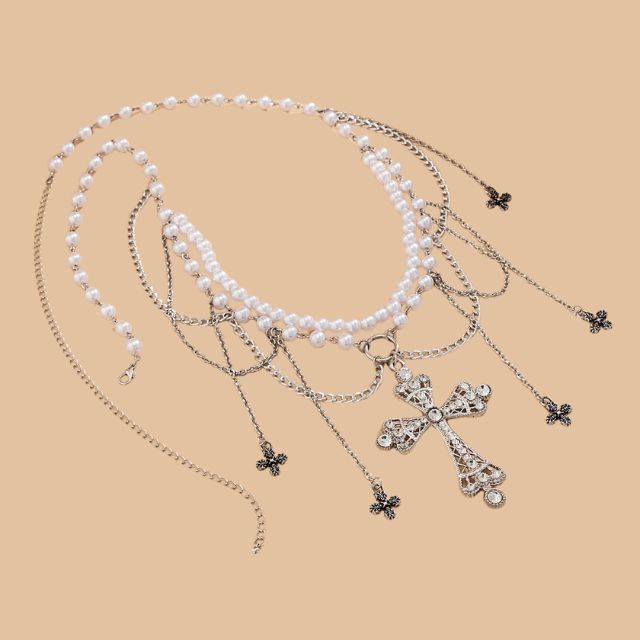 Liana - Gothic imitation pearl waist chain with cross pendants