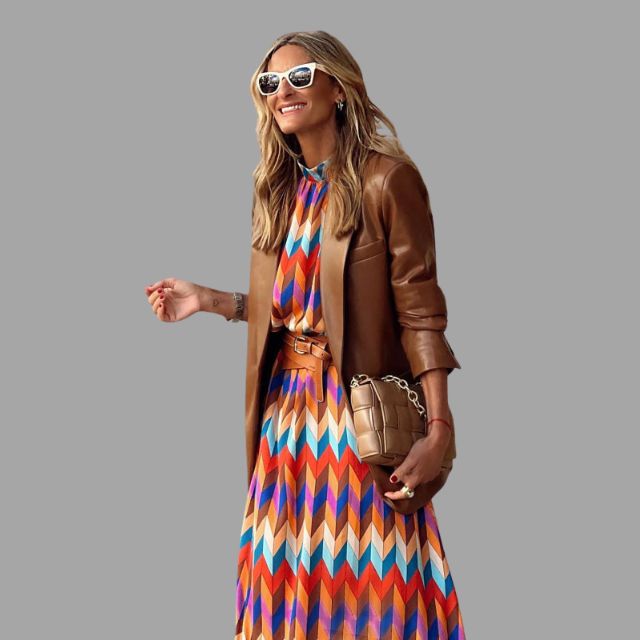 Aleiah - Colourful midi dress with chevron pattern and belt