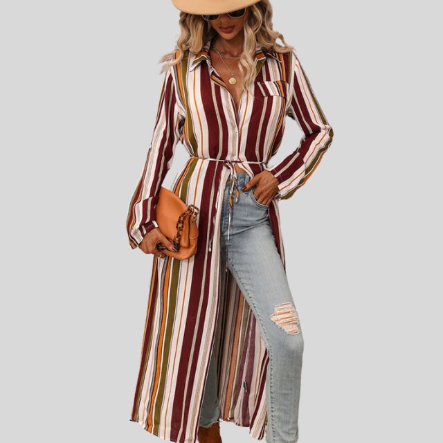 Savannah - Striped shirt dress with belt and high slit