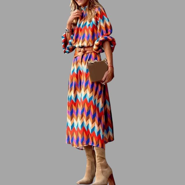 Aleiah - Colourful midi dress with chevron pattern and belt