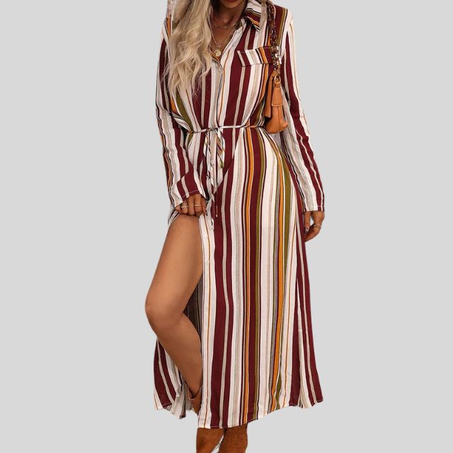 Savannah - Striped shirt dress with belt and high slit