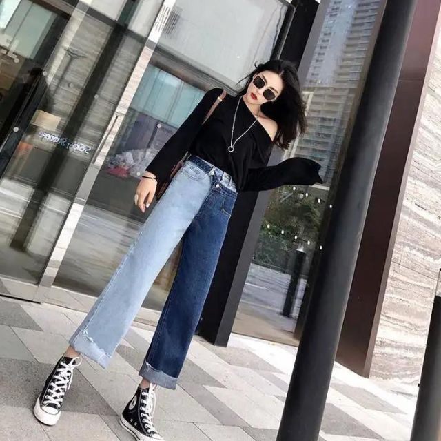 Elena - High-waisted straight jeans with contrast splice