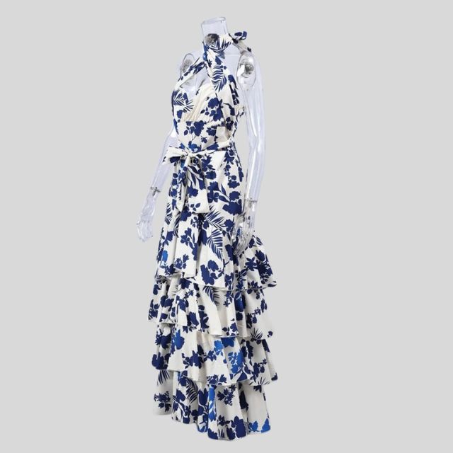 Zaria - Flowing asymmetric dress with floral pattern