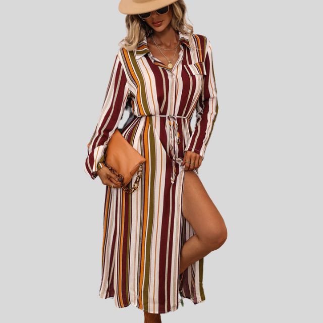 Savannah - Striped shirt dress with belt and high slit