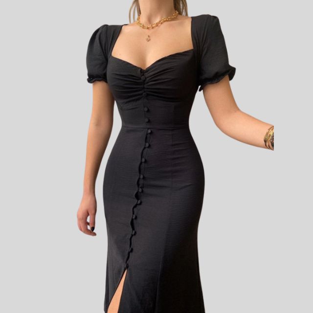 Maxine - Midi dress with puff sleeves, button placket and slit at the hem