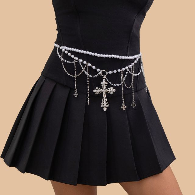 Liana - Gothic imitation pearl waist chain with cross pendants