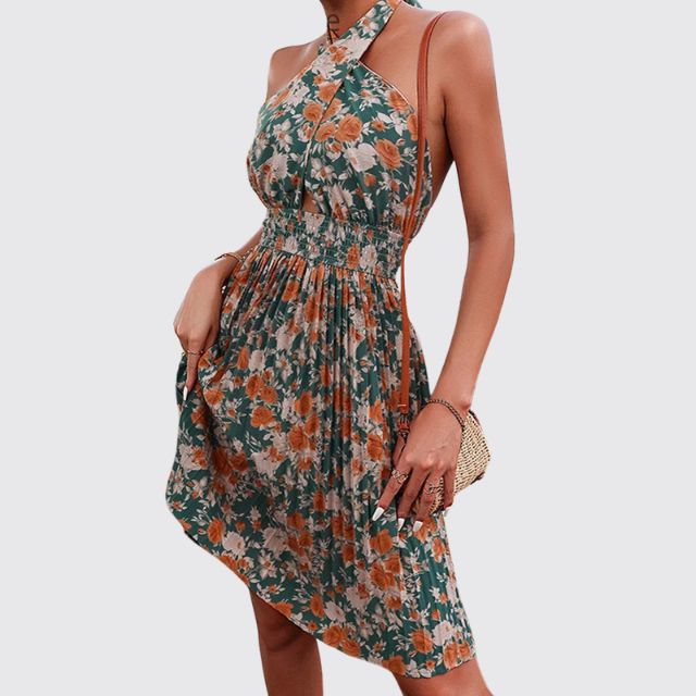 Sofia - Floral halterneck dress with keyhole neckline