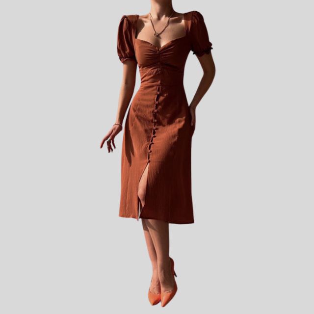 Maxine - Midi dress with puff sleeves, button placket and slit at the hem