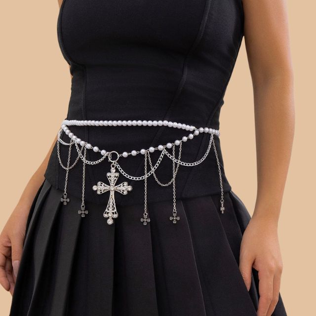 Liana - Gothic imitation pearl waist chain with cross pendants