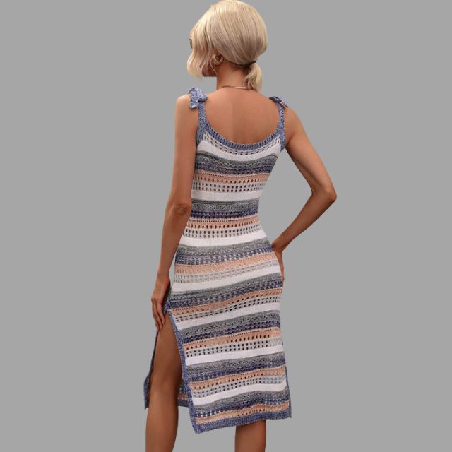 Adriana - Crochet knit midi dress with ruffle details at the shoulders