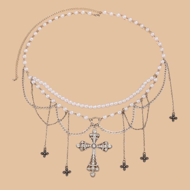 Liana - Gothic imitation pearl waist chain with cross pendants