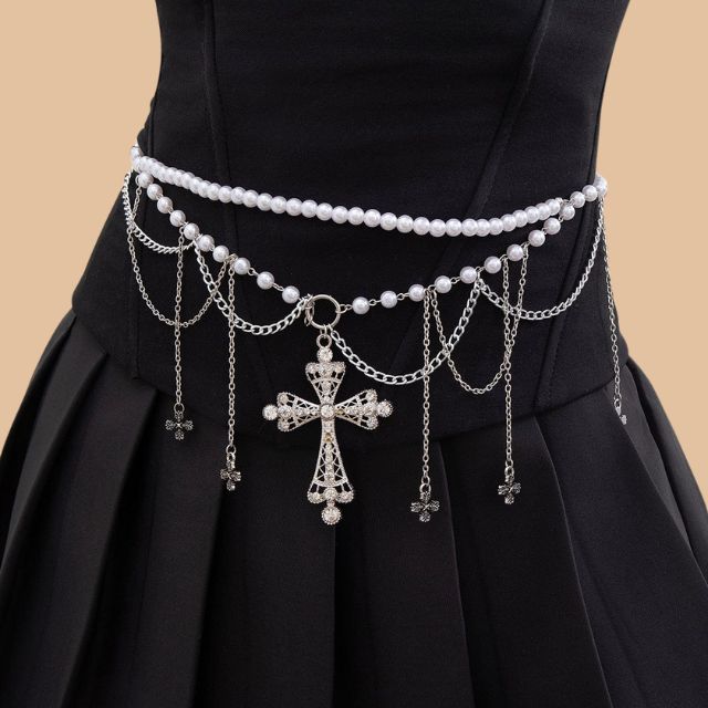 Liana - Gothic imitation pearl waist chain with cross pendants