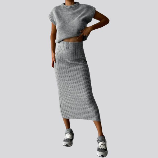 Shienna - Sleeveless Knitted Top and Matching Ribbed Midi Skirt Set