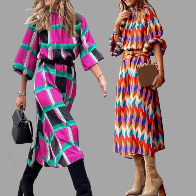 Aleiah - Colourful midi dress with chevron pattern and belt