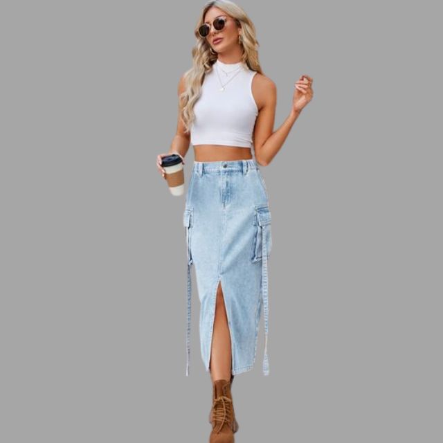 Colleen - High-waisted denim skirt with slit