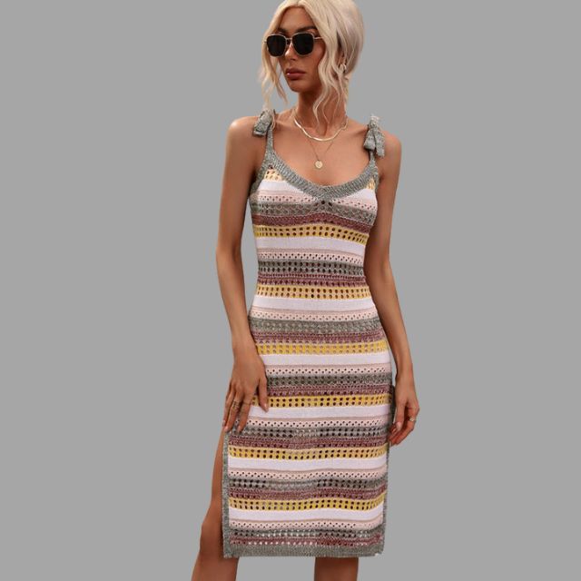 Adriana - Crochet knit midi dress with ruffle details at the shoulders