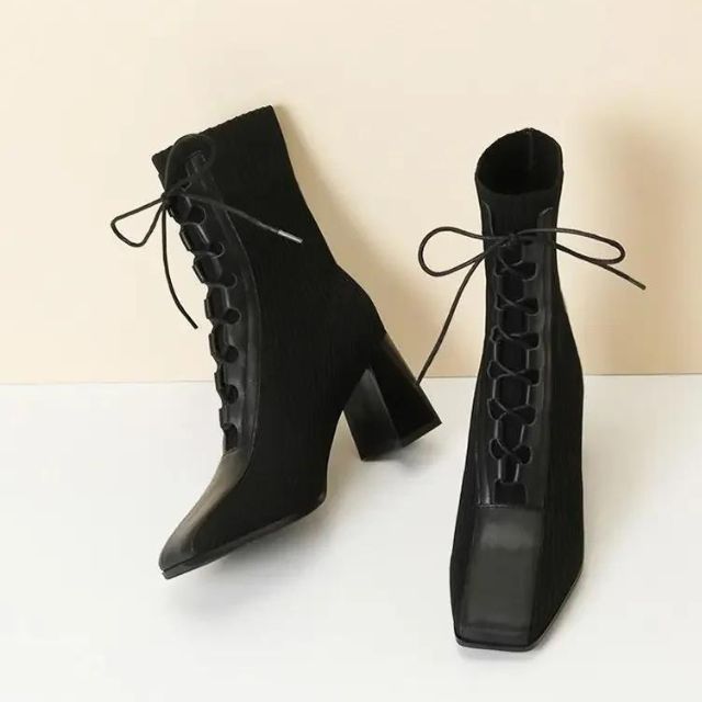 Rosie - Ribbed knit ankle boots with lace-up detail