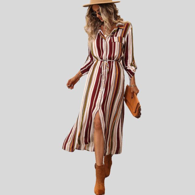 Savannah - Striped shirt dress with belt and high slit