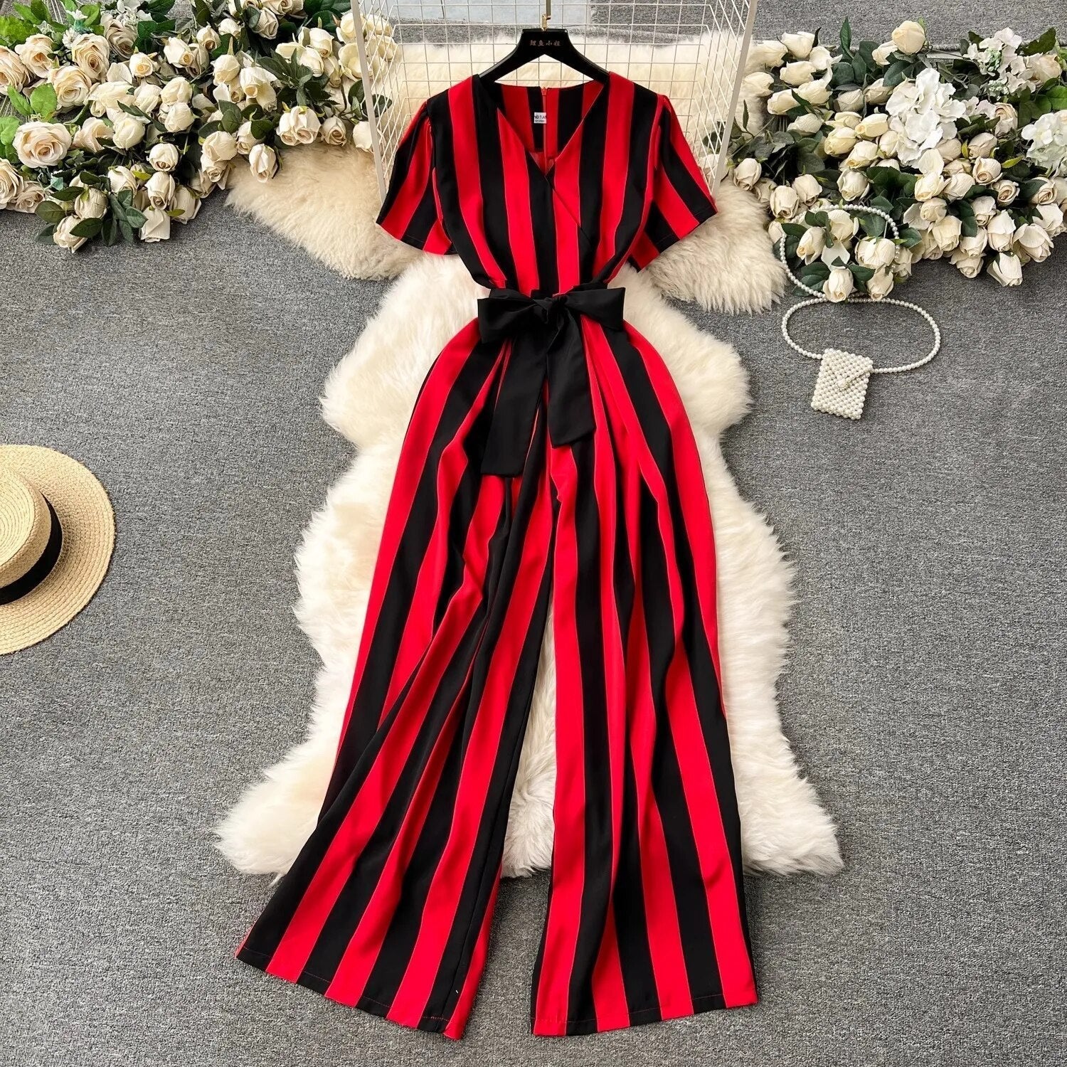 Talitha - Women's Striped Bow Detailed Jumpsuit