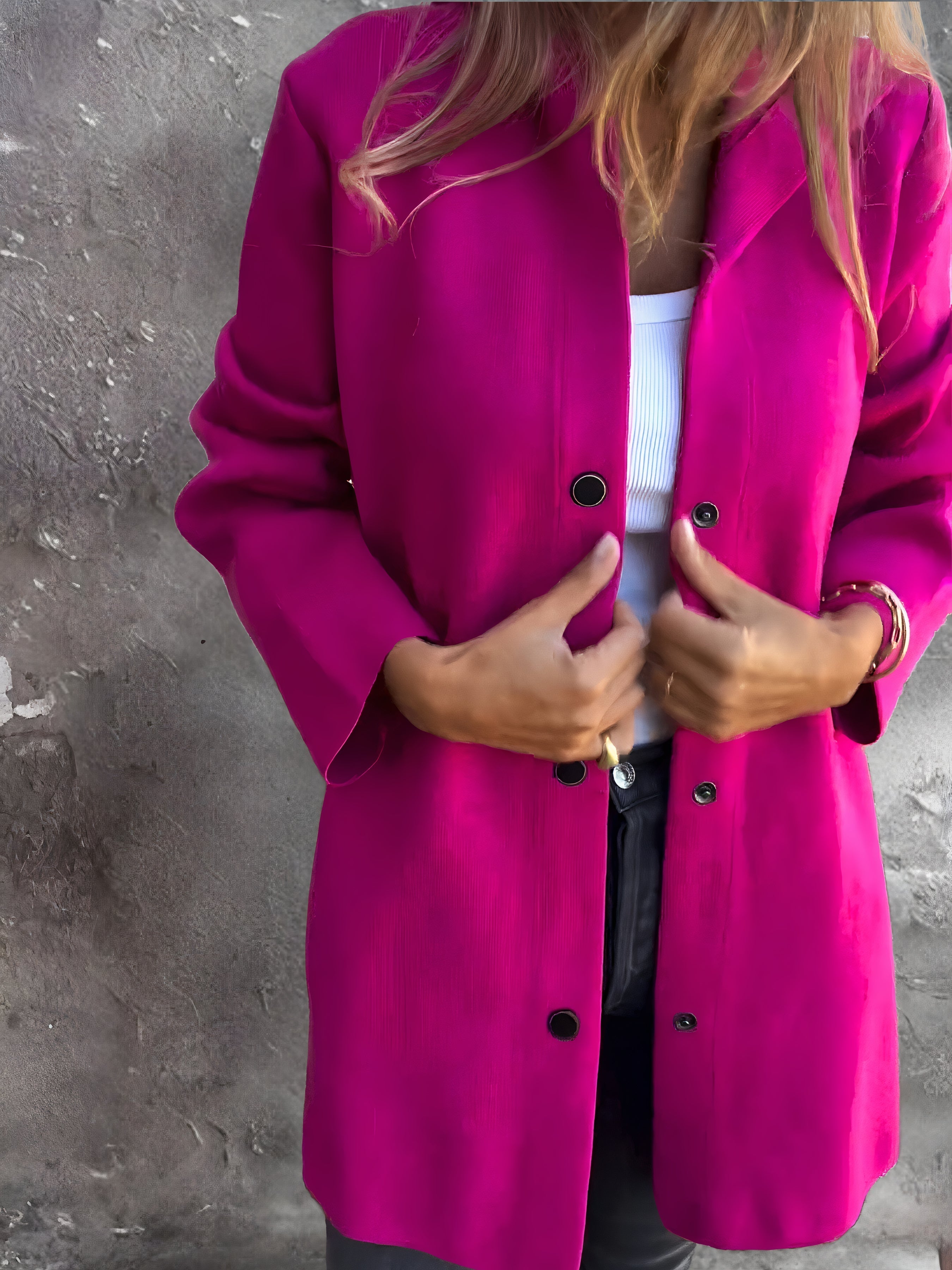 Women's Overcoat - Mid-Length Relaxed Fit - Button Closure - Side Pockets Stylish Layer