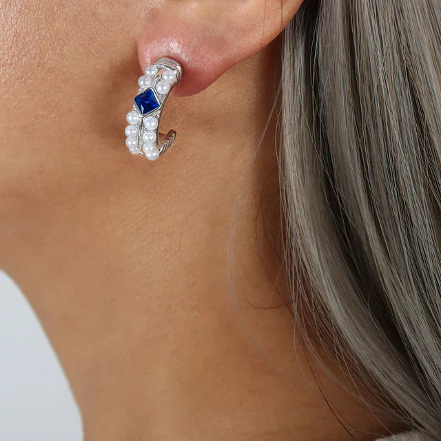 Larissa - Sapphire and pearl horseshoe hoop earrings