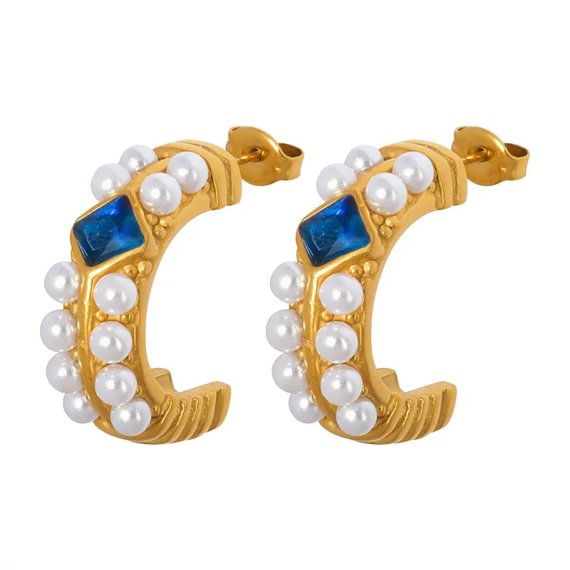 Larissa - Sapphire and pearl horseshoe hoop earrings