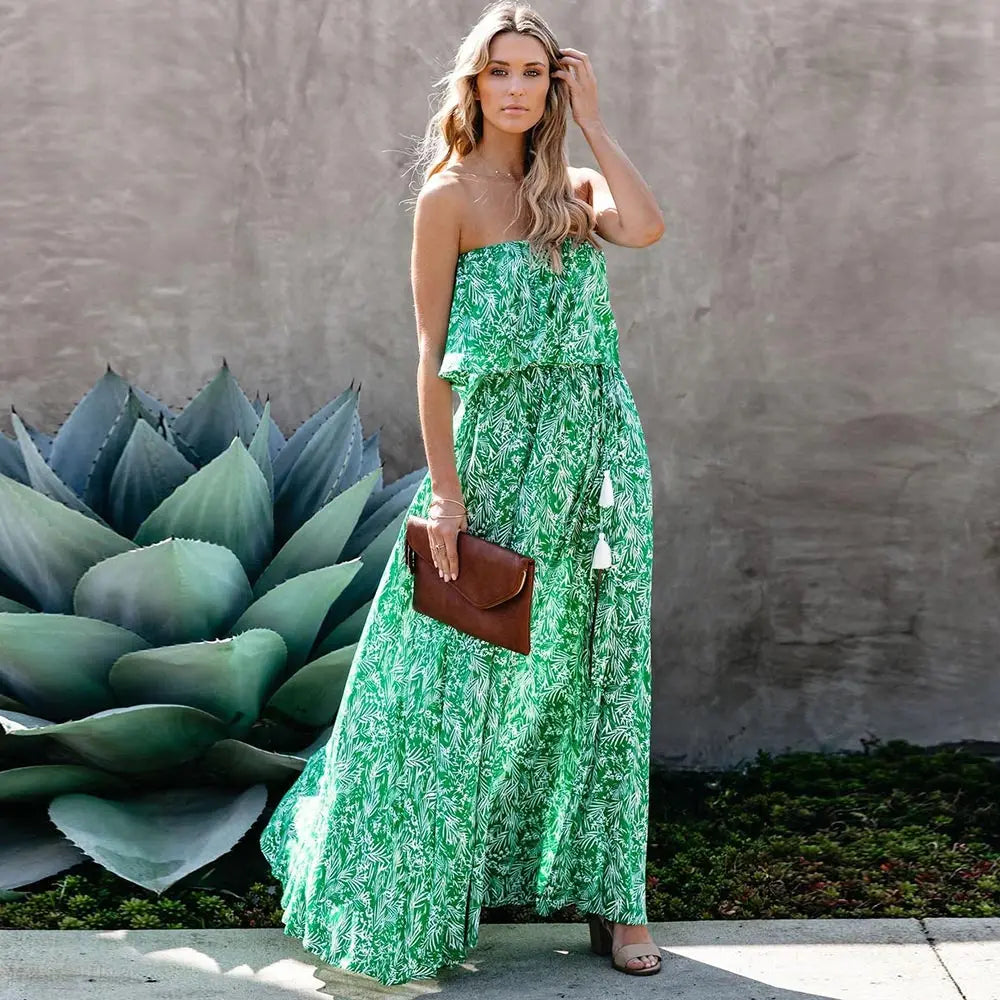 Aleya - Maxi dress with leaf pattern and ruffle detail