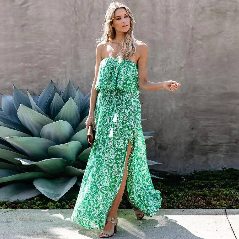 Aleya - Maxi dress with leaf pattern and ruffle detail